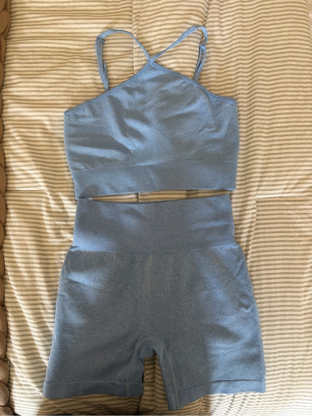 Blue Crop Workout Top with High-Waist Biker Shorts